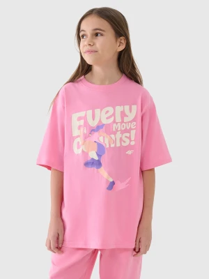 4F T-shirt oversize z nadrukiem dziewczęcy - różowy 158 (12-13 lat)