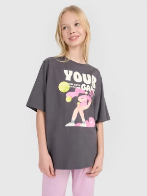 4F T-shirt oversize z nadrukiem dziewczęcy - szary 122 (6-7 lat)
