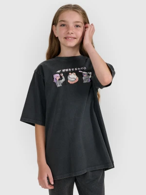 4F T-shirt oversize z nadrukiem dziewczęcy - szary 122 (6-7 lat)