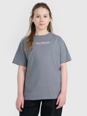4F T-shirt oversize z nadrukiem dziewczęcy - szary 146 (10-11 lat)