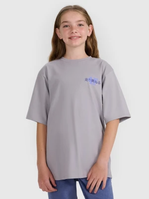 4F T-shirt oversize z nadrukiem dziewczęcy - szary 134 (8-9 lat)