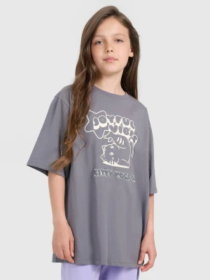 4F T-shirt oversize z nadrukiem dziewczęcy - szary 128 (7-8 lat)