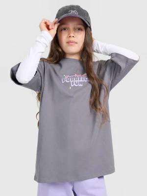 4F T-shirt oversize z nadrukiem dziewczęcy - szary 140 (9-10 lat)