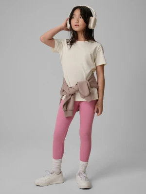 4F T-shirt regular gładki dziewczęcy - beżowy 134 (8-9 lat)