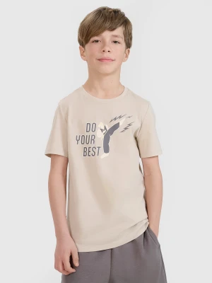 4F T-shirt regular z nadrukiem chłopięcy - beżowy 134 (8-9 lat)