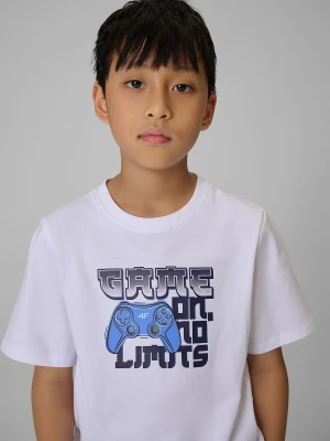 4F T-shirt regular z nadrukiem chłopięcy - biały 128 (7-8 lat)