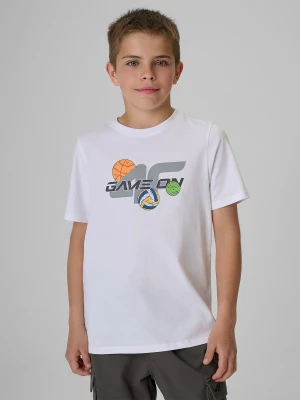 4F T-shirt regular z nadrukiem chłopięcy - biały 128 (7-8 lat)