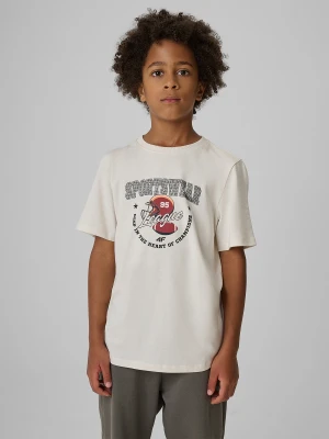 4F T-shirt regular z nadrukiem chłopięcy - kremowy 134 (8-9 lat) Biały