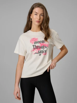4F T-shirt regular z nadrukiem damski - beżowy XS