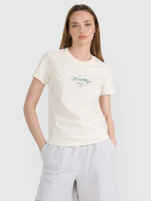 4F T-shirt regular z nadrukiem damski - biały XS