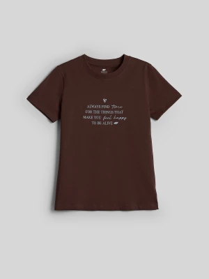 4F T-shirt regular z nadrukiem damski - brązowy XL