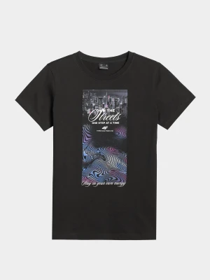 4F T-shirt regular z nadrukiem damski - czarny XS