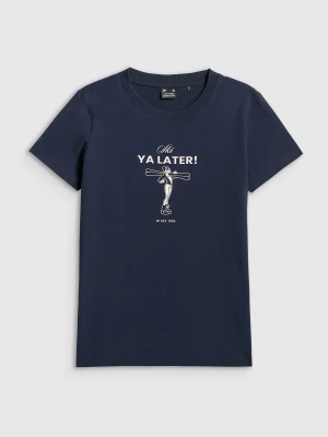 4F T-shirt regular z nadrukiem damski - granatowy L