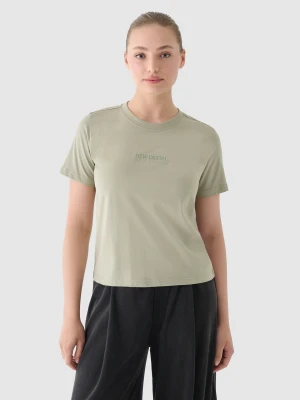 4F T-shirt regular z nadrukiem damski - oliwkowy/khaki XS