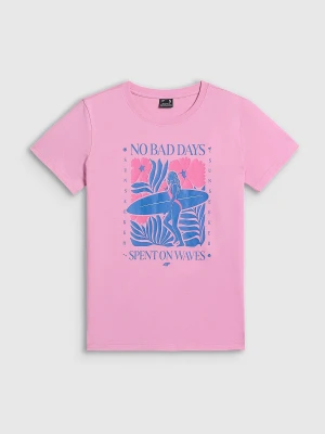 4F T-shirt regular z nadrukiem damski - różowy XS