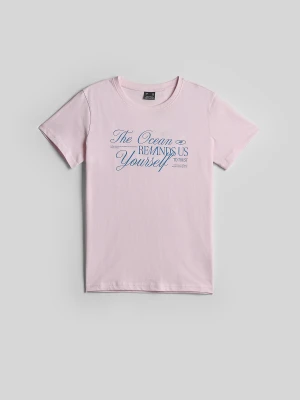 4F T-shirt regular z nadrukiem damski - różowy XS