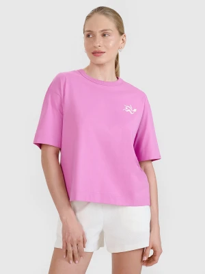 4F T-shirt regular z nadrukiem damski - różowy XL