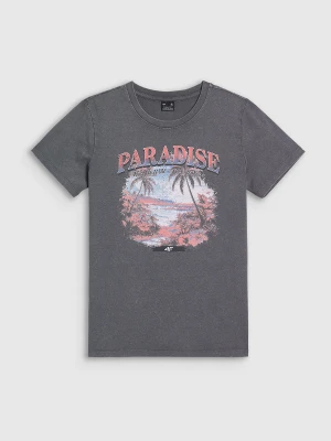 4F T-shirt regular z nadrukiem damski - szary XS