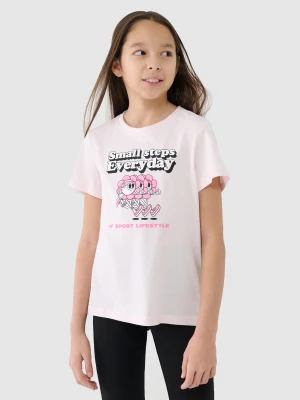 4F T-shirt regular z nadrukiem dziewczęcy - beżowy 158 (12-13 lat)