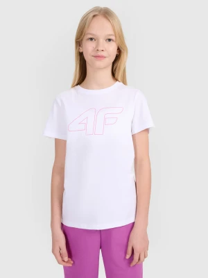 4F T-shirt regular z nadrukiem dziewczęcy - biały 122 (6-7 lat)