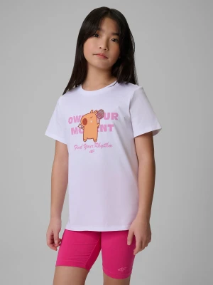 4F T-shirt regular z nadrukiem dziewczęcy - biały 134 (8-9 lat)
