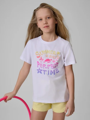 4F T-shirt regular z nadrukiem dziewczęcy - biały 140 (9-10 lat)