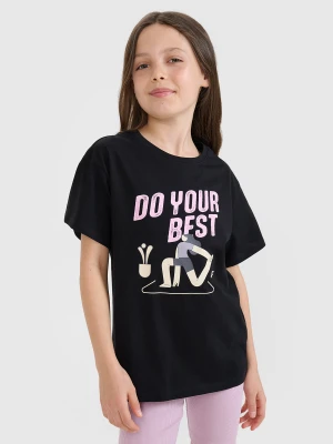 4F T-shirt regular z nadrukiem dziewczęcy - czarny 164 (13-14 lat)