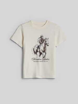 4F T-shirt regular z nadrukiem dziewczęcy - kremowy 152 (11-12 lat) Biały