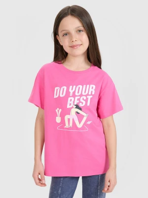 4F T-shirt regular z nadrukiem dziewczęcy - różowy 158 (12-13 lat)