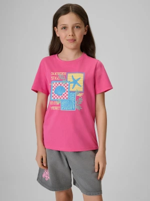 4F T-shirt regular z nadrukiem dziewczęcy - różowy 122 (6-7 lat)
