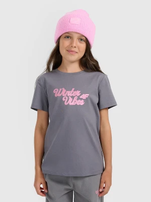 4F T-shirt regular z nadrukiem dziewczęcy - szary 128 (7-8 lat)