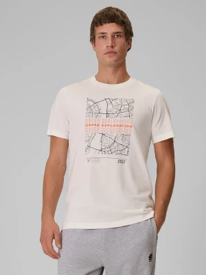 4F T-shirt regular z nadrukiem męski - kremowy XXL