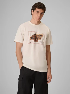 4F T-shirt regular z nadrukiem męski - kremowy M