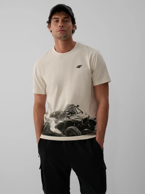 4F T-shirt regular z nadrukiem męski - kremowy L