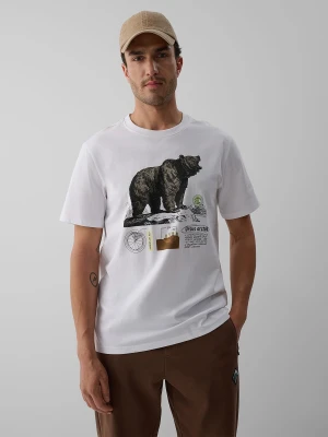 4F T-shirt regular z nadrukiem męski - kremowy S Biały