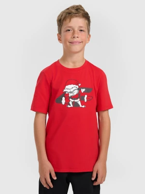 4F T-shirt regular z nadrukiem świątecznym chłopięcy - czerwony 146 (10-11 lat)
