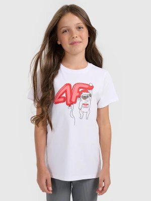 4F T-shirt regular z nadrukiem świątecznym dziewczęcy - biały 134 (8-9 lat)
