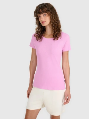 4F T-shirt regular z prążkowanej dzianiny damski - różowy M