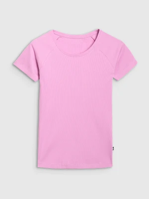 4F T-shirt regular z prążkowanej dzianiny damski - różowy XS