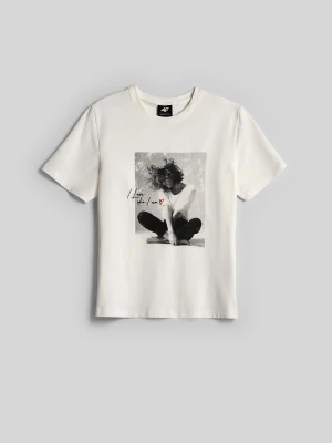 4F T-shirt relaxed z nadrukiem damski - kremowy XS