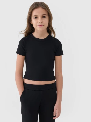 4F T-shirt slim crop top gładki dziewczęcy - czarny 158 (12-13 lat)