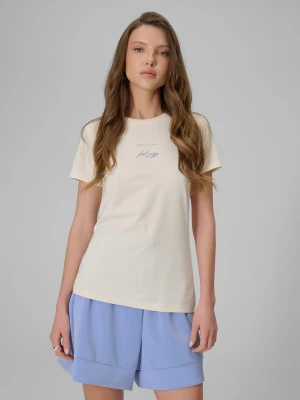4F T-shirt slim z nadrukiem damski - beżowy XS