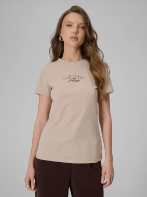 4F T-shirt slim z nadrukiem damski - beżowy L