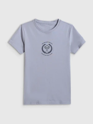 4F T-shirt slim z nadrukiem damski - niebieski XS