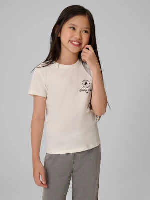 4F T-shirt slim z nadrukiem dziewczęcy - kremowy 122 (6-7 lat)