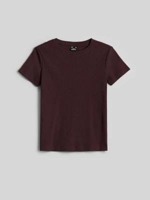 4F T-shirt slim z prążkowanej dzianiny damski - brązowy S