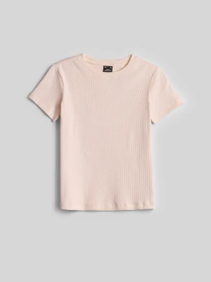 4F T-shirt slim z prążkowanej dzianiny damski - kremowy L