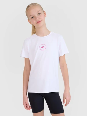 4F T-shirt sportowy regular gładki dziewczęcy - biały 122/128 (6-8 lat)