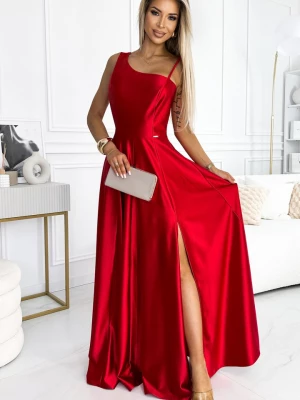 524-1 Długa elegancka satynowa suknia na jedno ramię - CZERWONA Numoco