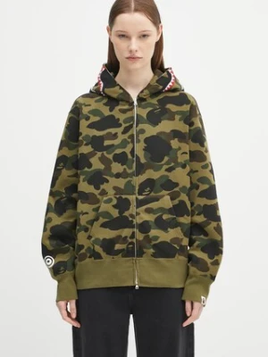 A Bathing Ape bluza bawełniana 1st camo shark damska kolor zielony z kapturem wzorzysta 1K80215006
